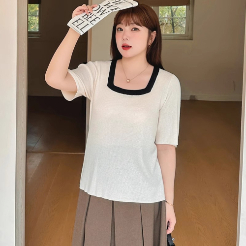Large size women's square collar contrasting short-sleeved T-shirt women's summer 2024 new fat mm loose bottoming shirt