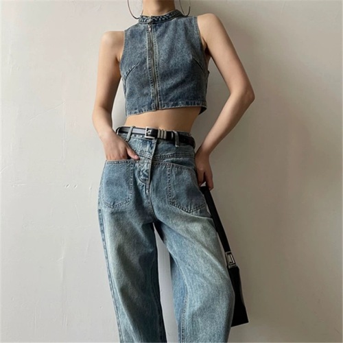 American retro hottie denim sleeveless vest Korean design short street zipper top