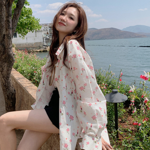 Spring and summer Korean style loose and high-end niche floral long-sleeved shirt jacket women's mid-length design