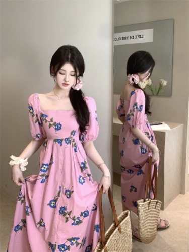 Actual shot~Hua Xianzi customized floral design puff sleeve square collar printed long skirt