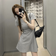 Gray Casual Short Sleeve Right Shoulder T-Shirt Dress Women's Waist Temperament Short Skirt Summer 2024 New Style