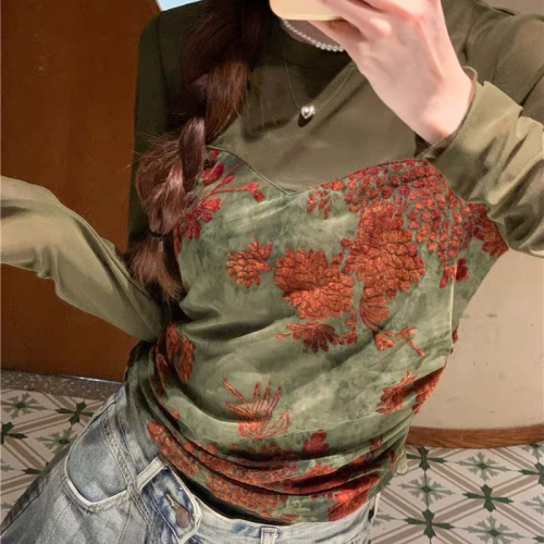 American retro mesh t-shirt bottoming shirt for women spring waist fake two-piece design advanced inner long-sleeved top