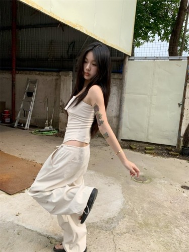 Actual shot~ Designed waist-cinching top + loose casual drawstring overalls and trousers two-piece set