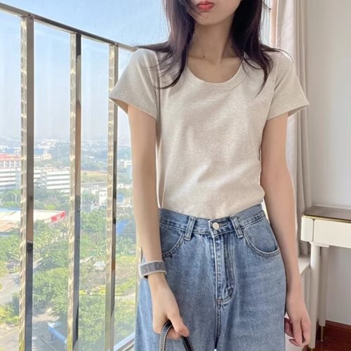 Real shot short-sleeved T-shirt for women in summer 2024 Korean version solid color T-shirt loose slimming inner layering top