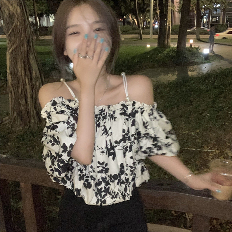French sling one-shoulder floral shirt for women summer design retro puff sleeve chiffon top