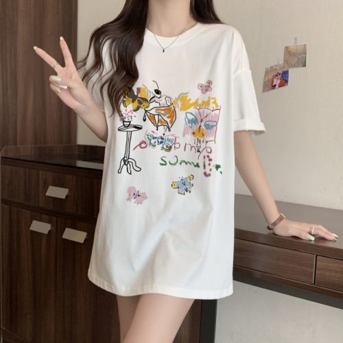 Real shot of Korean style summer printed mid-length pure cotton short-sleeved T-shirt