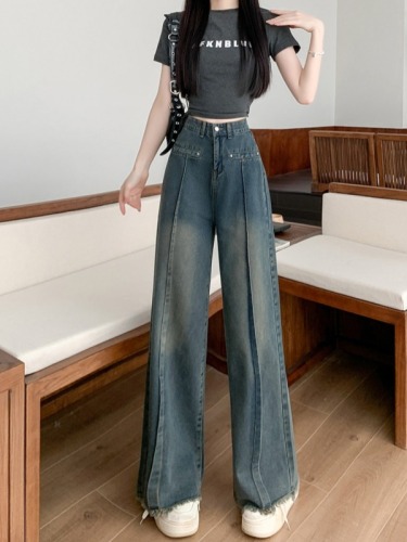 Actual shot ~ Retro American jeans for women, loose design, slim, high waist, straight wide leg denim trousers