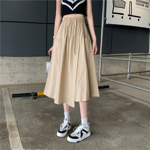 Summer 2024 new style women's Korean style elastic waist slimming irregular mid-length A-line skirt petite skirt