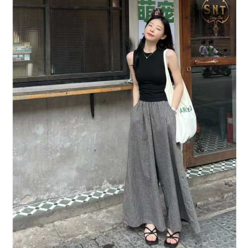 Korean style versatile summer suit women's sleeveless vest niche retro plaid trousers this year's popular fashion two-piece set