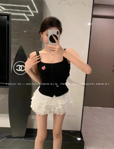 2024 new summer style double shoulder strap single breasted temperament knitted sweater women's thin bottoming top