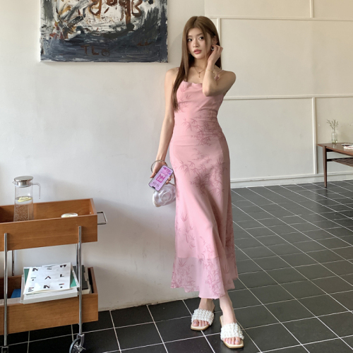 Actual shot of 2024 summer new style dream skirt with elegant bamboo charm pink suspender skirt dress long skirt for women