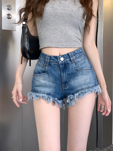 Actual shot ~ washed white jeans women's raw edge design light blue slimming versatile casual shorts