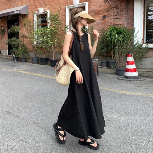 Korean chic minimalist niche round neck open back design loose sleeveless large swing dress long skirt for women