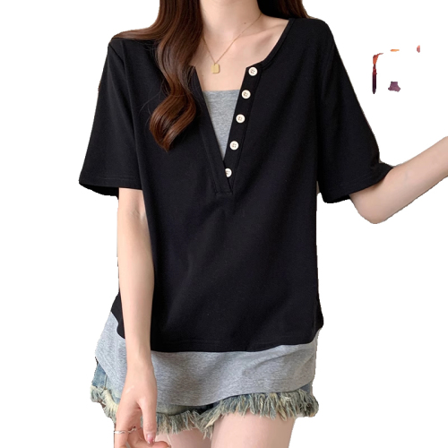 Large size V-neck fake two-piece short-sleeved T-shirt for fat women, slimming belly-covering, versatile and chic design top