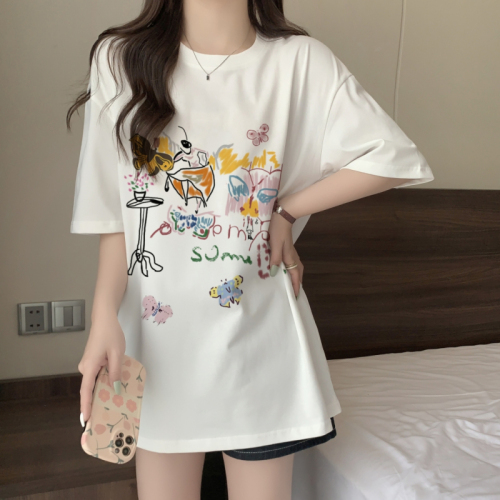 Real shot of Korean style summer printed mid-length pure cotton short-sleeved T-shirt