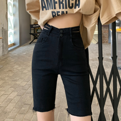 Women's Black Denim Short Shorts 2024 Summer High-Waisted Slimming Ass-Lifting Straight Leg Five-Finger Cycling Pants