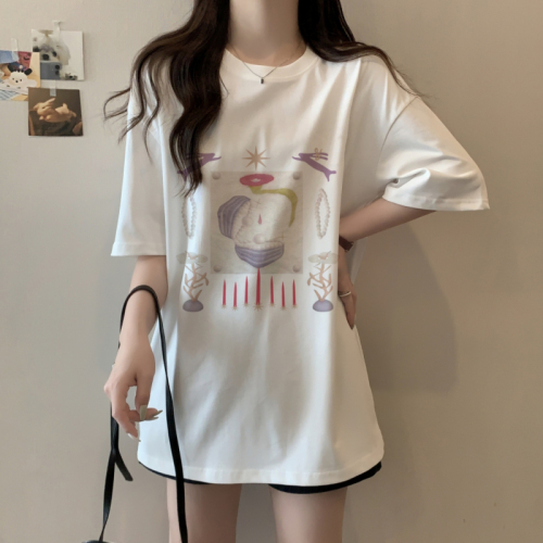 Actual shot of Korean style new summer printed college style mid-length loose T-shirt for women