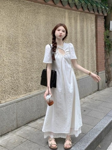 French white lace splicing dress for women, summer design, hollow seaside resort style loose A-line long skirt