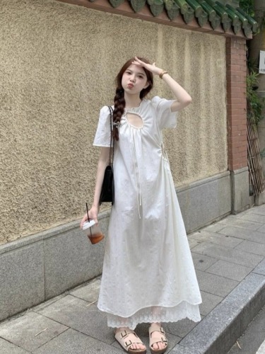 French white lace splicing dress for women, summer design, hollow seaside resort style loose A-line long skirt