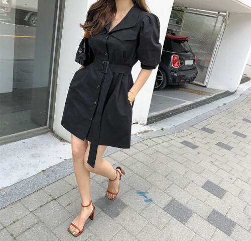 Women's Retro Lapel Waist Puff Sleeve Work Dress with Belt