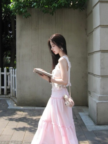 实拍法式外穿内搭白色系带蕾丝花边背心粉白条纹蛋糕裙高腰半身裙