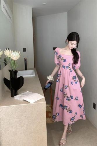 Actual shot~Hua Xianzi customized floral design puff sleeve square collar printed long skirt