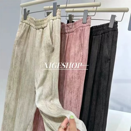 Cotton and linen retro tie-dyed casual pants for women, versatile, lazy, draped, slim, loose, wide-leg, floor-length straight pants, sun protection summer