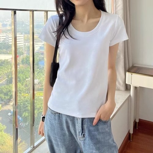 Real shot short-sleeved T-shirt for women in summer 2024 Korean version solid color T-shirt loose slimming inner layering top