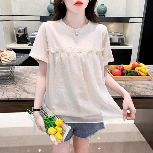 French round neck ear-hemmed shirt for women, summer mesh splicing bottoming shirt, slimming belly-covering top