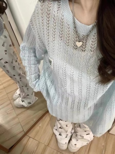 Korean style lazy style hollow knitted blouse summer 2024 new style medium and long style wear thin tops