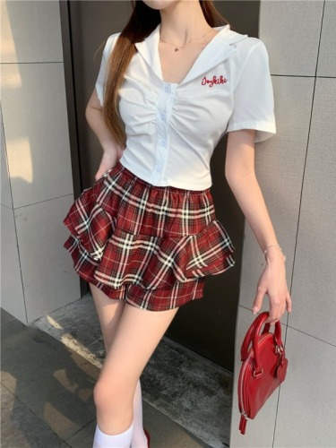 Real shot ~ hot girl suit short shirt sexy top summer short skirt retro plaid skirt suit