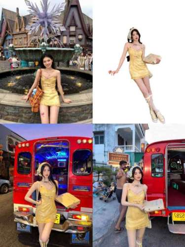 Omnivore universe lemon yellow retro fresh romantic butterfly embroidery waist slimming suspender skirt short skirt for women