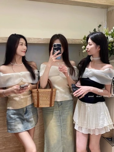 Mesh bow knitted sweater for women in summer one-shoulder sleeveless top hot girl chiffon knitted sweater for women in summer