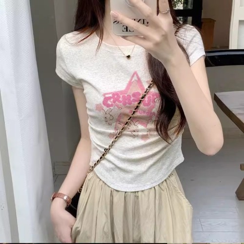 Right shoulder printed short-sleeved T-shirt for women in summer, versatile pure cotton waist pleated slimming design top trendy