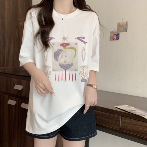 Actual shot of Korean style new summer printed college style mid-length loose T-shirt for women