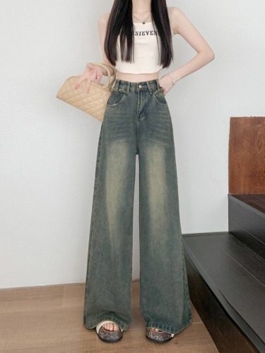Actual shot ~ American high street wide leg jeans for women, retro, old and drapey, slim, loose, high-waisted straight pants