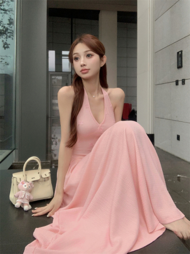 Actual shot of custom embroidered flower halter neck elastic backless slim fit long dress