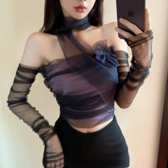 Socialite temperament, dreamy purple gauze tube top sleeves, bottoming inner top, beautiful shirt, short spring lace shirt