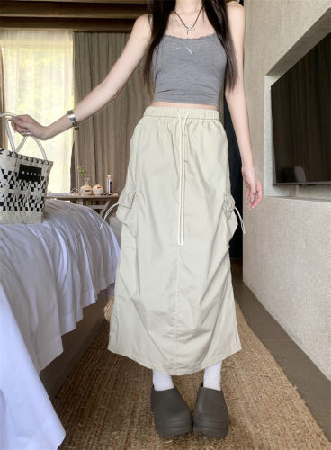 Actual shot~American hot girl pocket drawstring work skirt women's high waist A-line straight slit mid-length skirt