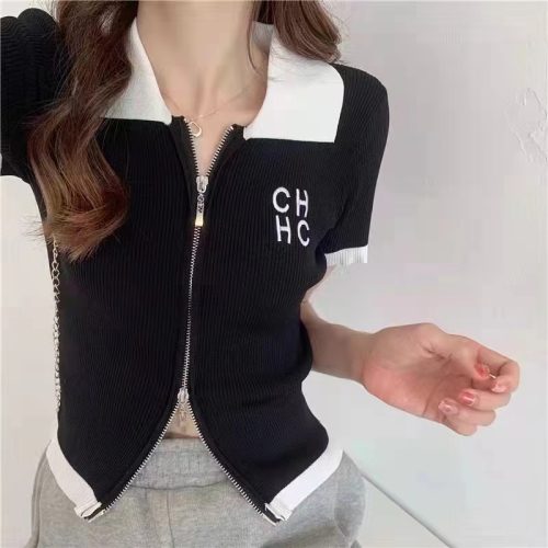 Fashionable contrasting color lapel ice silk knitted zipper cardigan top for women slim and versatile short T-shirt