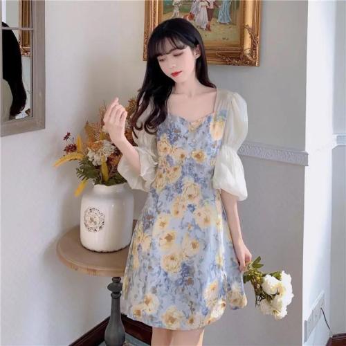 Summer 2024 new sweet floral temperament mid-length waist slimming short-sleeved bestie short-sleeved dress for women