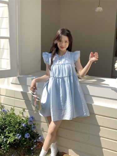 Real shot~French sweet design ruffled splicing small flying sleeves dress doll skirt