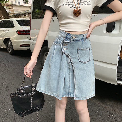Real shot of pure cotton retro denim short skirt for women summer 2024 new anti-exposure high-waisted A-line pleated skirt