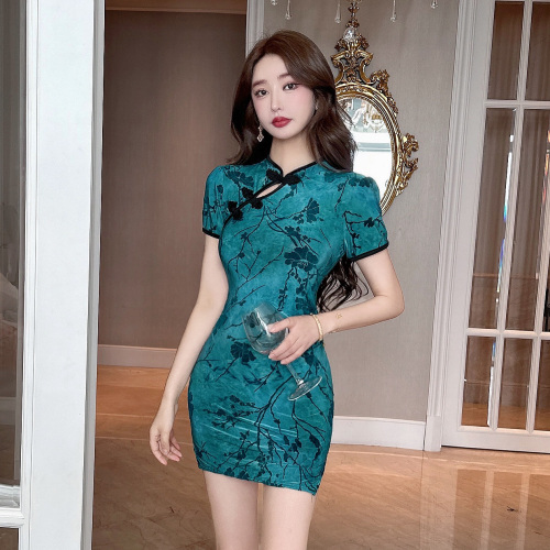 Real shot of retro temperament Chinese style sexy flocking print improved cheongsam bottoming hip short-sleeved dress
