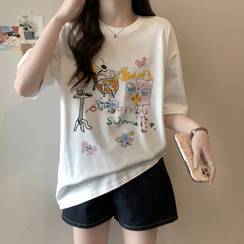 Real shot of Korean style summer printed mid-length pure cotton short-sleeved T-shirt