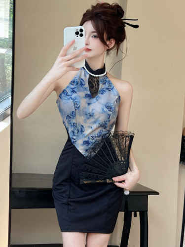 Real shot of new Chinese style improved cheongsam evening dress for women summer sexy hollow color block neck halter hip dress