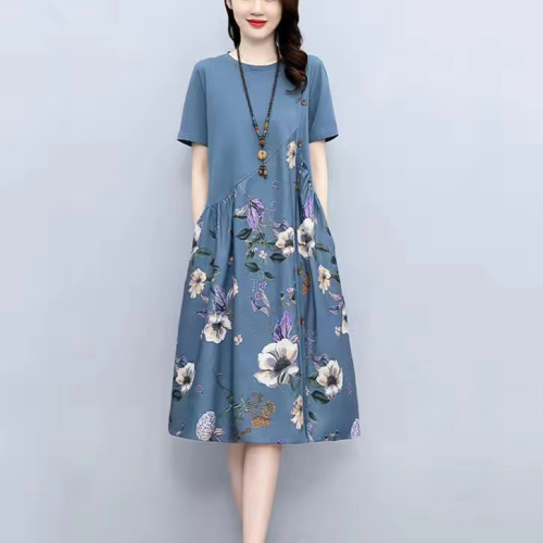 M--4XL dress women's summer new retro print fat mm covers the flesh and looks slimming loose casual a-line skirt