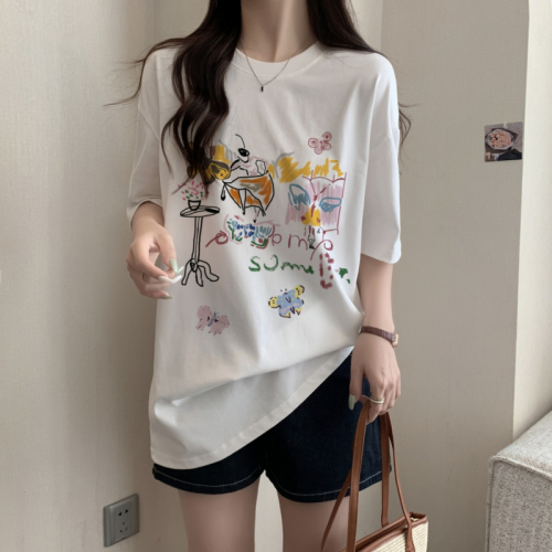 Real shot of Korean style summer printed mid-length pure cotton short-sleeved T-shirt