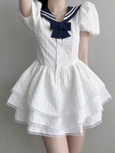 College Navy Collar Small White Sexy Dress Women's Summer Puffy Princess Dress Pure Lust Style First Love Short Skirt