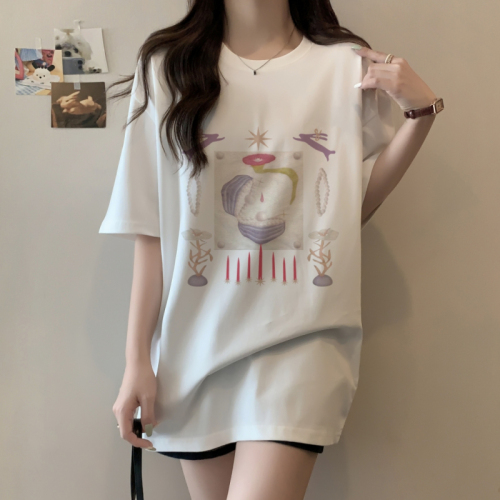 Actual shot of Korean style new summer printed college style mid-length loose T-shirt for women